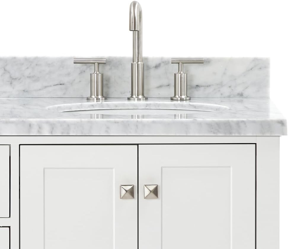 ARIEL Cambridge 66-inch Bathroom Vanity with Sink,Solid Wood, 1.5-inch Italian Carrara Marble Countertop & Backsplash, Double Oval Porcelain Sink, 4 Soft Closing Doors, 6 Dovetail Drawers, White