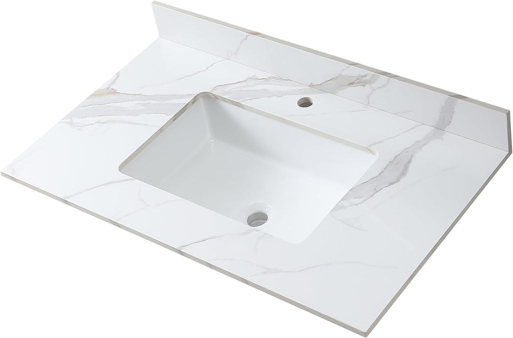 37 x 22 Inch Bathroom Vanity Top, Sintered Stone Top with Ceramic Sink, Single Hole Vanity Top With Undermount Rectangular Sink and 1 Backsplash (Carrara Gold, 1 Hole)