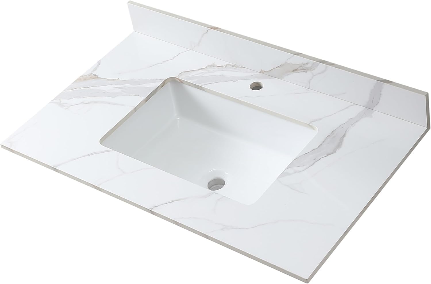 37 x 22 Inch Bathroom Vanity Top, Sintered Stone Top with Ceramic Sink, Single Hole Vanity Top With Undermount Rectangular Sink and 1 Backsplash (Carrara Gold, 1 Hole)