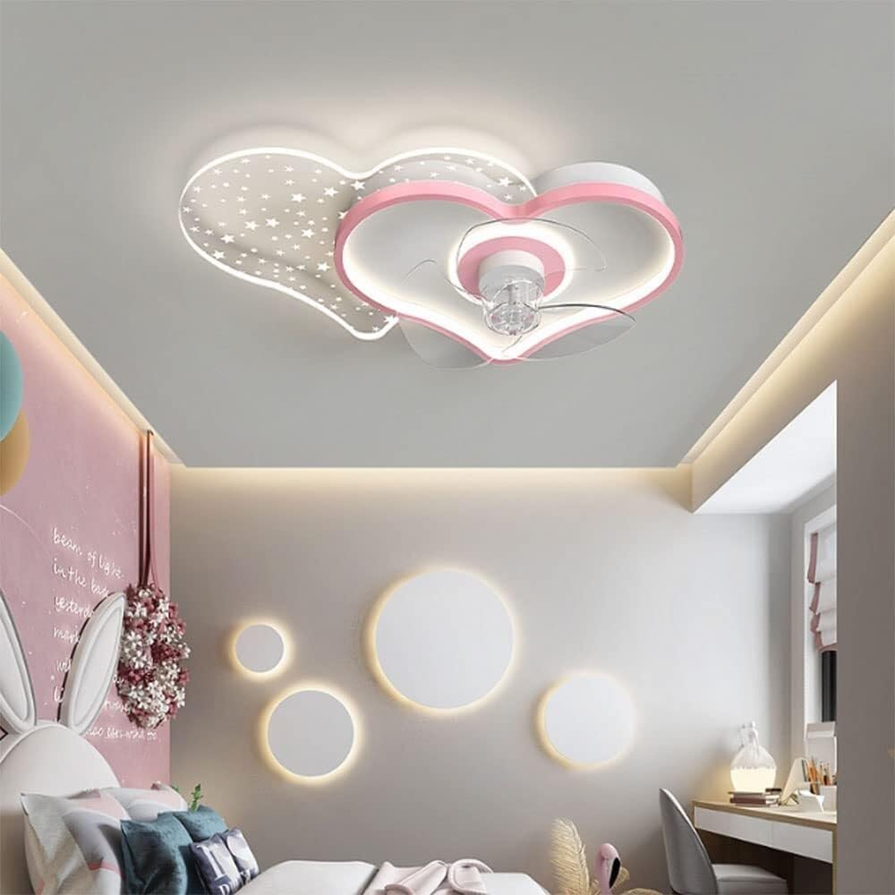 PAYAER Cute Pink Heart Ceiling Fan with Light, Modern LED Dimmable Flush Mount Chandelier for Girl's Bedroom, Kid's Room, Study, Nursery Decor, 59x37cm