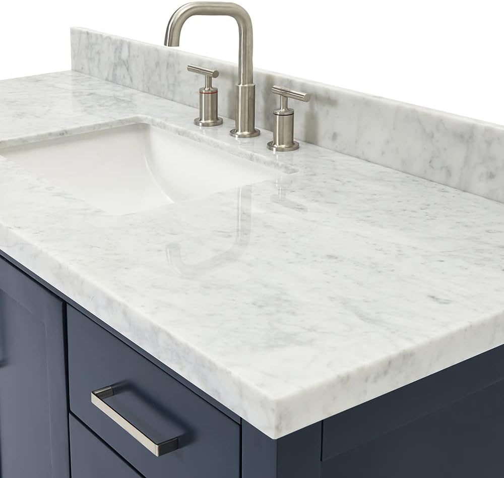 ARIEL Magnolia 54-inch Bathroom Vanity with Sink,Solid Wood, 1.5-inch Italian Carrara Marble Countertop, Single Rectangular Porcelain Sink, 2 Soft Closing Doors, 6 Dovetail Drawers, Midnight Blue