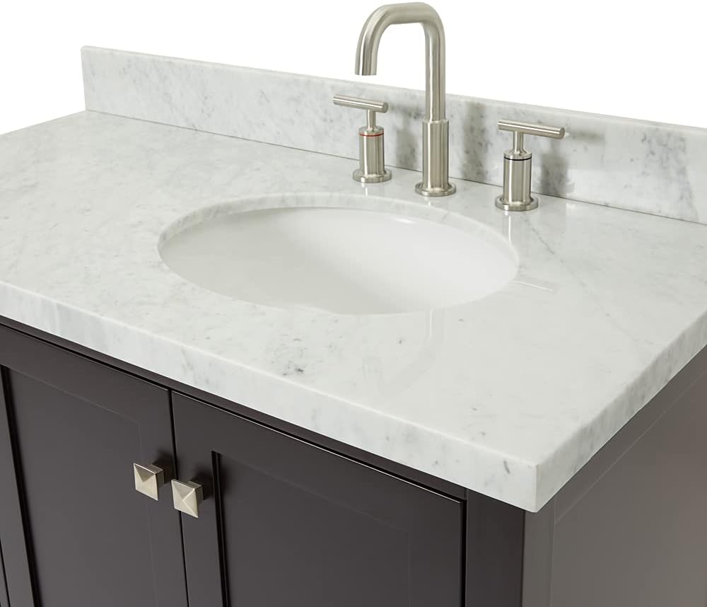 DKB Beckford 42' Espresso Bathroom Vanity with Sink – Carrara White Marble Countertop, Offset Oval Undermount Sink, Solid Wood, 2 Soft-Closing Doors, 5 Dovetail Drawers, Satin Nickel