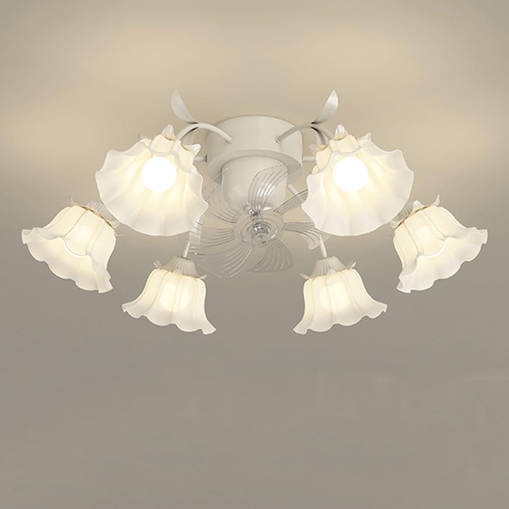 6 Light Flower Ceiling Fan with Lights Remote Control Reversible Fan 360° Oscillating Ceiling Fan Light Milk Glass Modern Fan Light Girls Ceiling Fan Light for Bedroom Living Room Dining Room