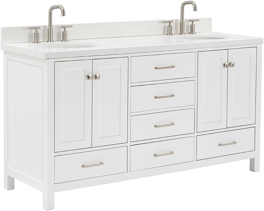 DKB Beckford 66-Inch White Double Bathroom Vanity with 1.5-Inch Pure White Quartz Countertop & Backsplash, Oval Sinks, 4 Soft Closing Doors, 6 Full Extension Dovetail Drawers, Brushed Nickel