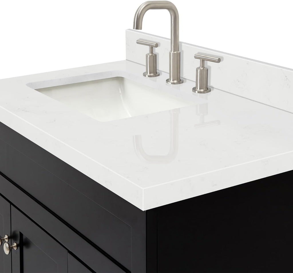 ARIEL Hamlet 36-inch Bathroom Vanity with Sink,Solid Wood, 1.5-inch Carrara White Quartz Countertop & Backsplash, Single Rectangular Porcelain Sink, 2 Soft Closing Doors, 2 Dovetail Drawers, Black