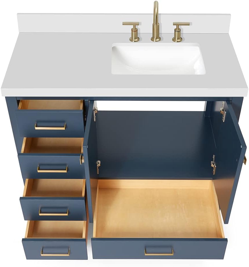 ARIEL Cambridge 42-inch Bathroom Vanity with Sink,Solid Wood, 1.5-inch Pure White Quartz Countertop, Single Rectangular Porcelain Sink, 2 Soft Closing Doors, 5 Dovetail Drawers, Midnight Blue