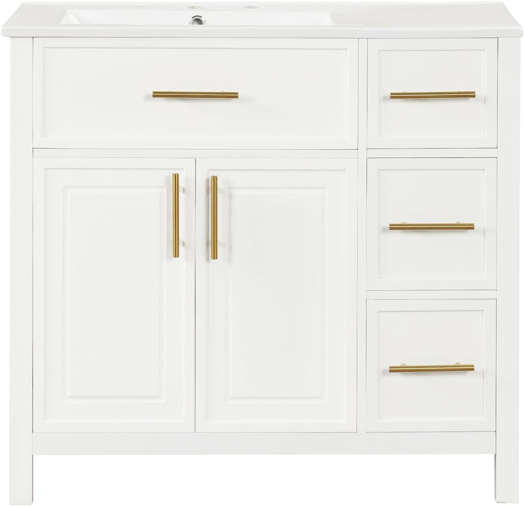 LUMISOL 36' Bathroom Vanity with Offset Sink, Freestanding Bathroom Sink Cabinet with 3 Drawers & 2 Doors, Solid Wood Bathroom Vanity with Offset Ceramic Sink, White