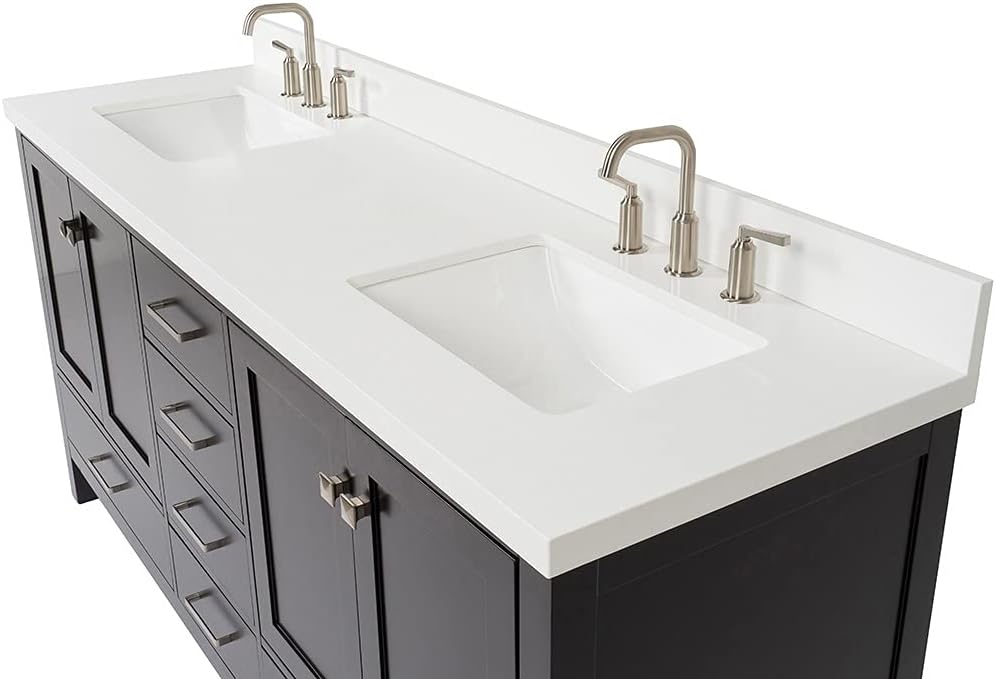 DKB Beckford 72 Inch Bathroom Vanity Double Sink — Espresso Bathroom Vanity with Sink, 1.5' Edge Pure White Quartz Countertop & Backsplash, 4 Soft-Close Doors, 6 Dovetail Drawers