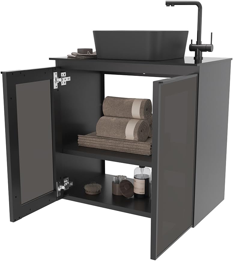 COZIMAX Umbu Combo Black Steel Bathroom Vanity Set 24' with Tempered Glass Countertop and Door, Black Square Ceramic Sink