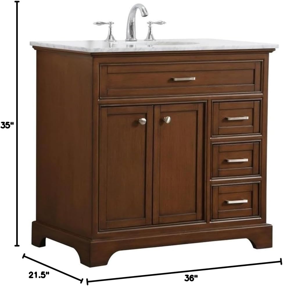 Pemberly Row Contemporary 36' Wood Bathroom Vanity, Brown Teak Finish, Italian Carrara Marble Top, Oval Porcelain Undermount Sink, 3 Drawers, 2 Doors, Freestanding Design for Home or Office Bathrooms