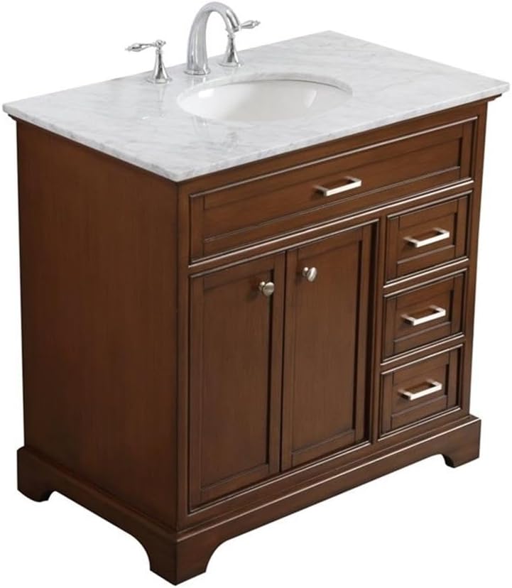 Pemberly Row Contemporary 36' Wood Bathroom Vanity, Brown Teak Finish, Italian Carrara Marble Top, Oval Porcelain Undermount Sink, 3 Drawers, 2 Doors, Freestanding Design for Home or Office Bathrooms