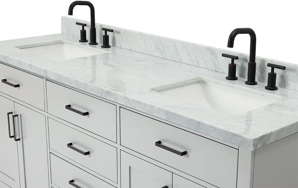DKB Isabella 72 Inch Bathroom Vanity Double Sink — Grey Bathroom Vanity with Sink, 1.5' Edge Italian Carrara Marble Countertop & Backsplash, 4 Soft-Close Doors, 4 Dovetail Drawers, and 2 Tilt Drawers