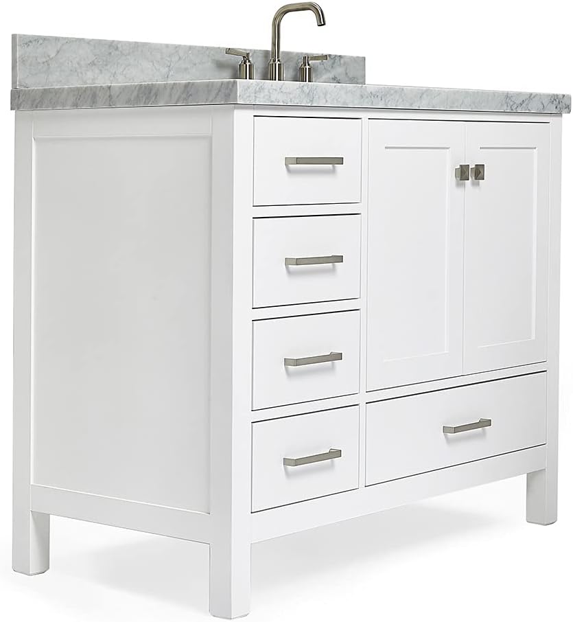 ARIEL Cambridge 42-inch Bathroom Vanity with Sink,Solid Wood, 1.5-inch Italian Carrara Marble Countertop, Single Rectangular Porcelain Sink, 2 Soft Closing Doors, 5 Dovetail Drawers, White