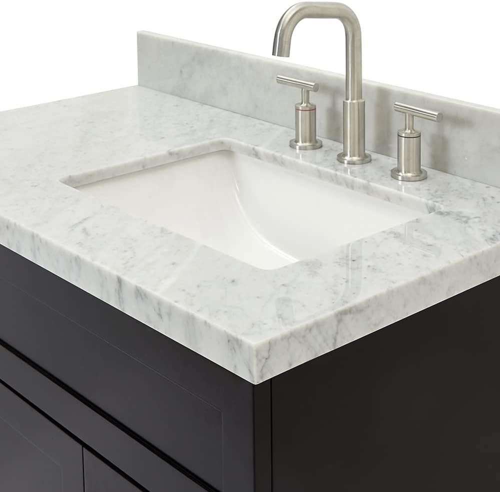 ARIEL Hamlet 36-inch Bathroom Vanity with Sink,Solid Wood, 1.5-inch Italian Carrara Marble Countertop, Single Rectangular Porcelain Sink, 2 Soft Closing Doors, 2 Dovetail Drawers, Black