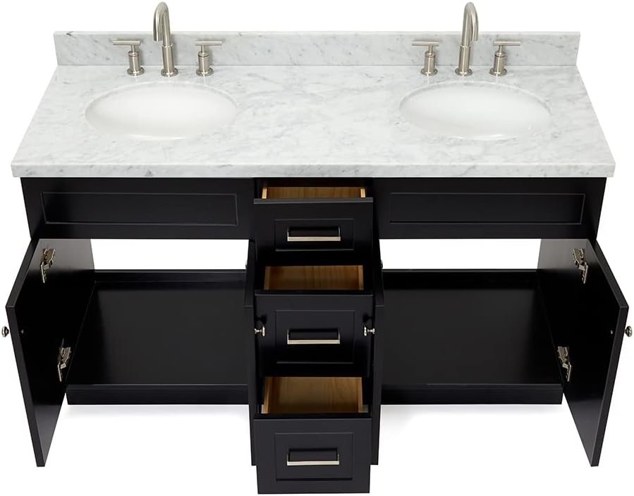 ARIEL Hamlet 60-inch Bathroom Vanity with Sink,Solid Wood, 1.5-inch Italian Carrara Marble Countertop & Backsplash, Double Oval Porcelain Sink, 4 Soft Closing Doors, 3 Dovetail Drawers, Black