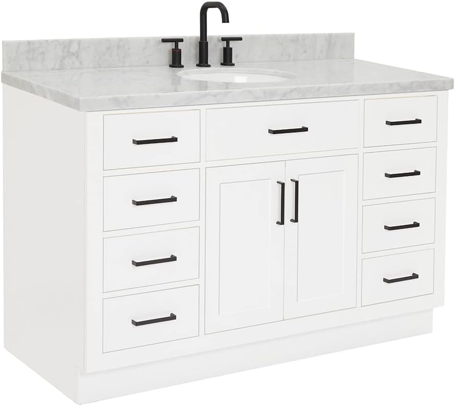 ARIEL Hepburn 54-inch Bathroom Vanity with Sink,Solid Wood, 1.5-inch Italian Carrara Marble Countertop & Backsplash, Single Oval Porcelain Sink, 2 Soft Closing Doors, 9 Dovetail Drawers, White