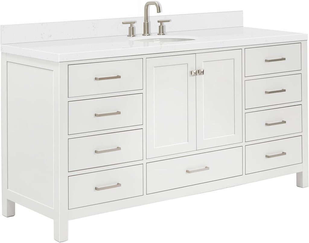 ARIEL Cambridge 66-inch Bathroom Vanity with Sink,Solid Wood, 1.5-inch Carrara White Quartz Countertop & Backsplash, Single Oval Porcelain Sink, 2 Soft Closing Doors, 9 Dovetail Drawers, White