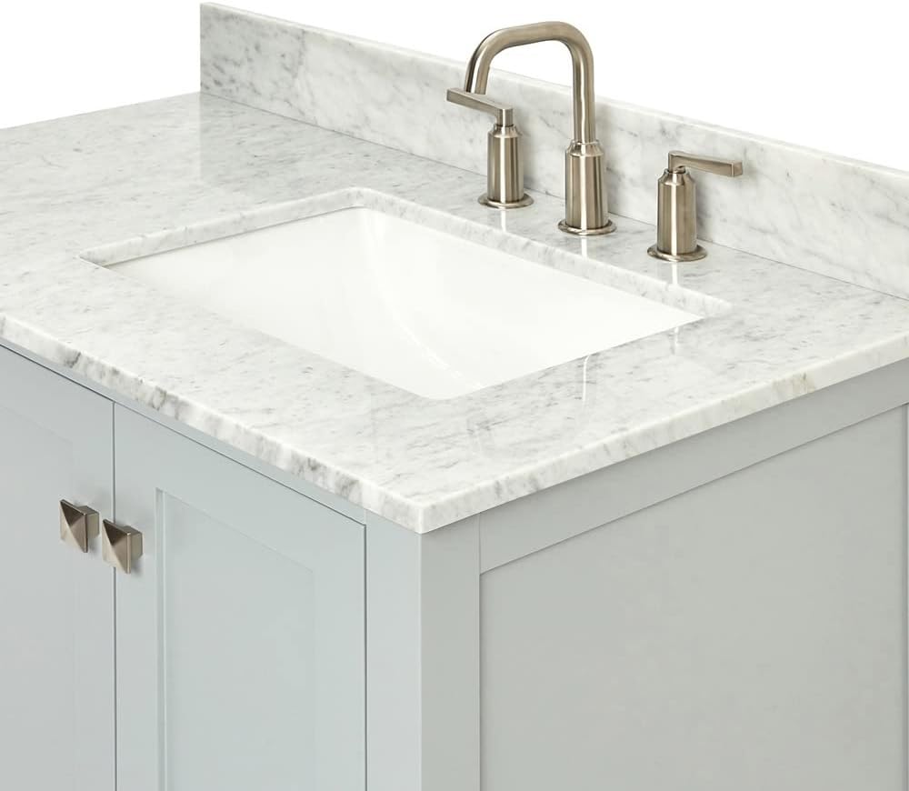 ARIEL Cambridge 36-inch Bathroom Vanity with Sink,Solid Wood, 0.75-inch Italian Carrara Marble Countertop, Single Rectangular Porcelain Sink, 2 Soft Closing Doors, 5 Dovetail Drawers, Grey
