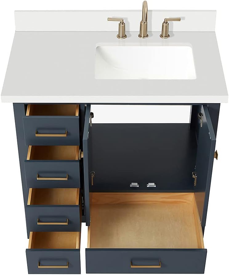 ARIEL Cambridge 36-inch Bathroom Vanity with Sink,Solid Wood, 1.5-inch Pure White Quartz Countertop, Single Rectangular Porcelain Sink, 2 Soft Closing Doors, 5 Dovetail Drawers, Midnight Blue