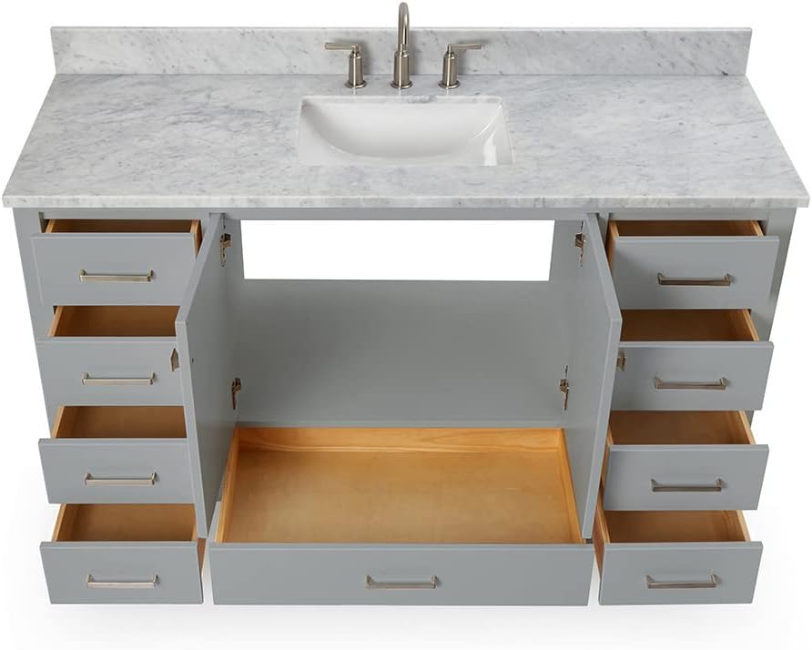 ARIEL Cambridge 60-inch Bathroom Vanity with Sink,Solid Wood, 0.75-inch Italian Carrara Marble Countertop, Single Rectangular Porcelain Sink, 2 Soft Closing Doors, 9 Dovetail Drawers, Grey