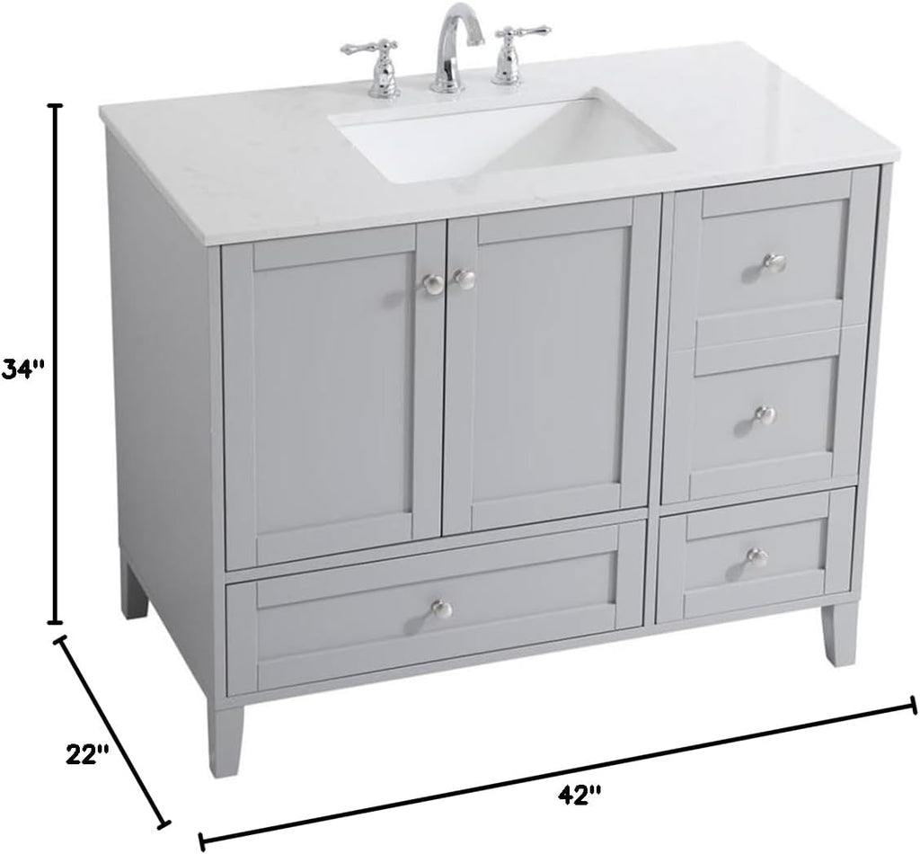 Pemberly Row 42' Traditional Bathroom Vanity, Gray Finish, Quartz Top with Porcelain Undermount Sink, MDF and Rubberwood Construction, Brushed Nickel Hardware, Freestanding Design for Bathroom Use