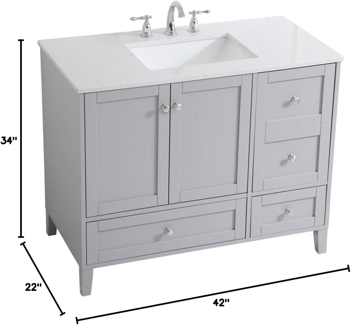 Pemberly Row 42' Traditional Bathroom Vanity, Gray Finish, Quartz Top with Porcelain Undermount Sink, MDF and Rubberwood Construction, Brushed Nickel Hardware, Freestanding Design for Bathroom Use