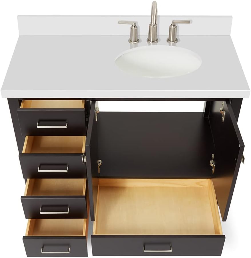 DKB Beckford 42-Inch Espresso Bathroom Vanity with Right Oval Sink, 1.5-Inch Pure White Quartz Countertop & Backsplash, 2 Soft Closing Doors, 5 Dovetail Drawers, Satin Brass Hardware