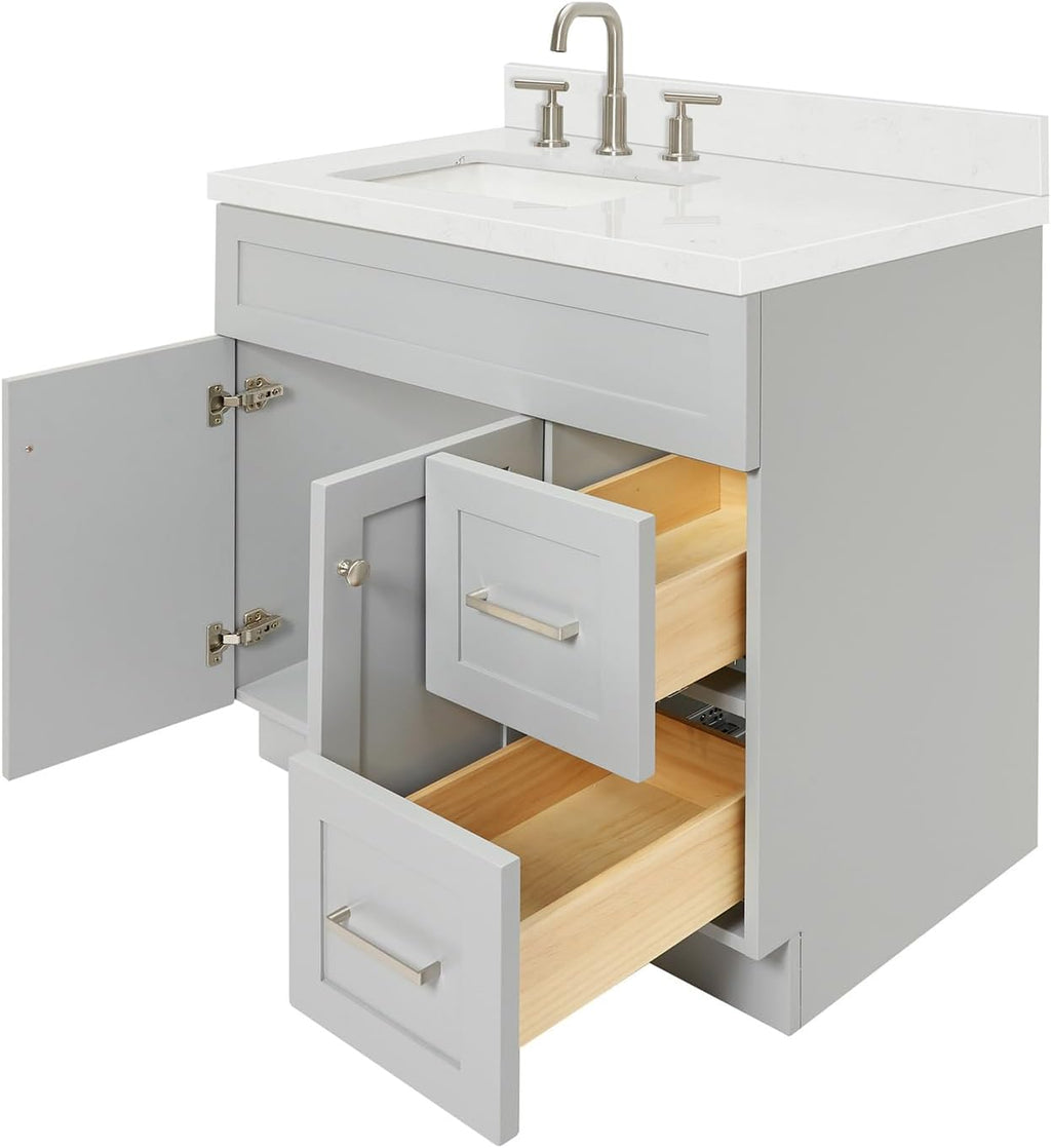 DKB Bradford 36-Inch Grey Bathroom Vanity with Left Rectangular Sink, 1.5' Carrara Quartz Countertop & Backsplash, 2 Soft-Closing Doors, 2 Full Extension Drawers, Toe Kick, Brushed Nickel Hardware