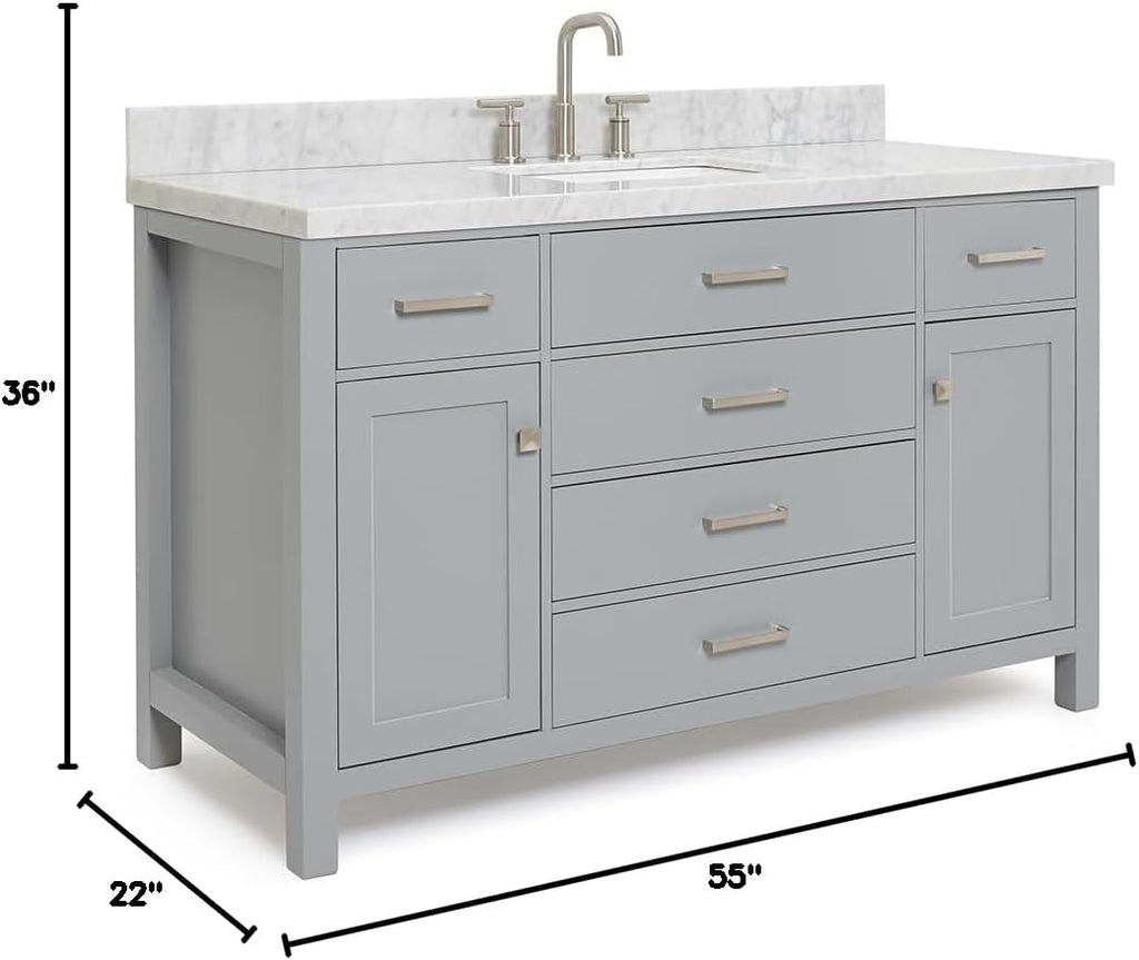 ARIEL 60-Inch White Bathroom Vanity with Sink, 1.5-Inch Italian Carrara Marble Countertop & Backsplash, Rectangular Ceramic Sink, 2 Soft Closing Doors, 5 Dovetail Drawers, Polished Chrome