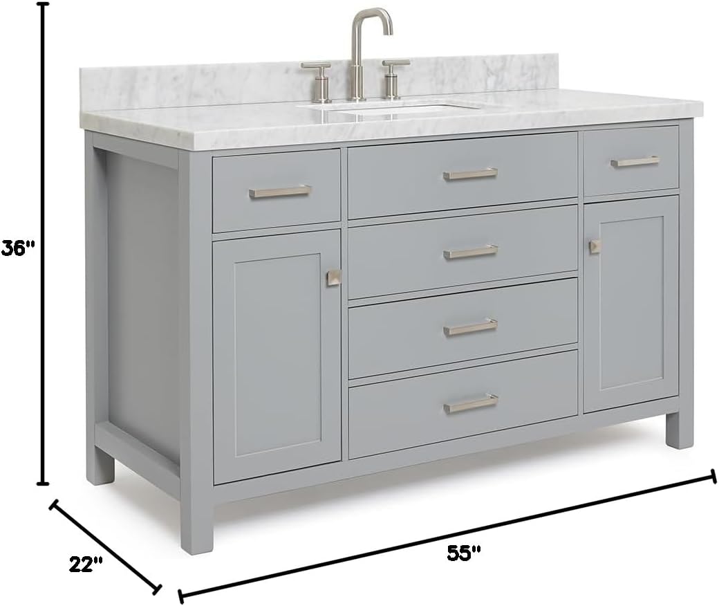ARIEL 60-Inch White Bathroom Vanity with Sink, 1.5-Inch Italian Carrara Marble Countertop & Backsplash, Rectangular Ceramic Sink, 2 Soft Closing Doors, 5 Dovetail Drawers, Polished Chrome