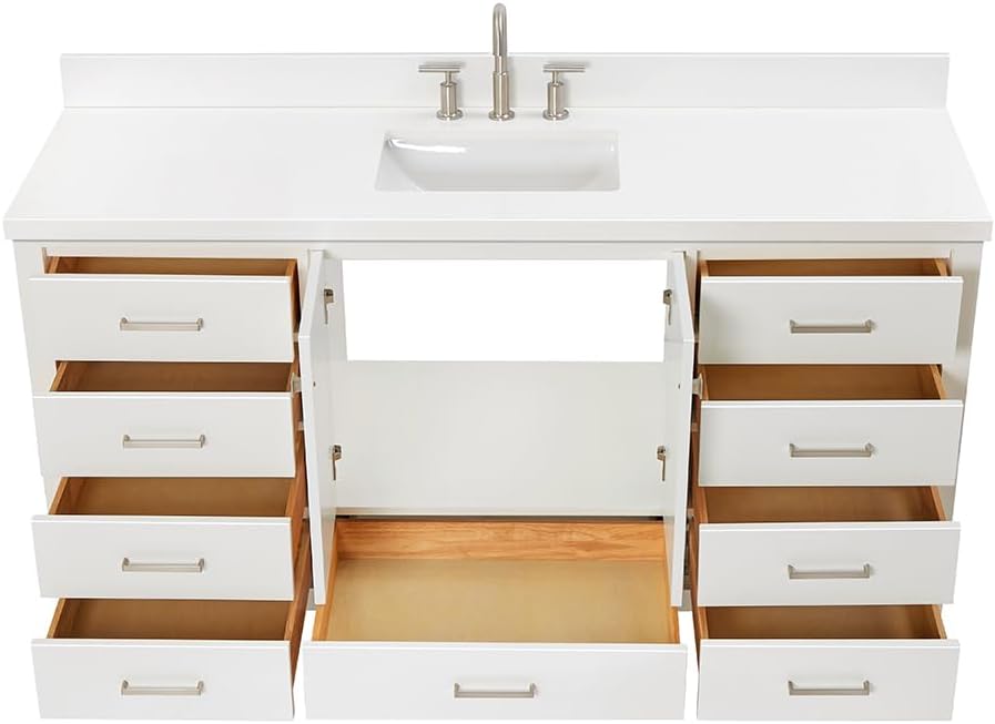 ARIEL Cambridge 66-inch Bathroom Vanity with Sink,Solid Wood, 1.5-inch Pure White Quartz Countertop & Backsplash, Single Rectangular Porcelain Sink, 2 Soft Closing Doors, 9 Dovetail Drawers, White