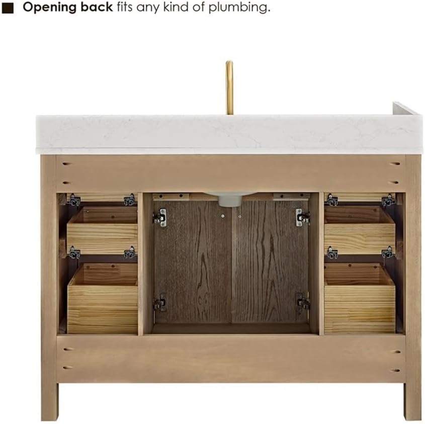 Pemberly Row 48' Bathroom Vanity, Natural Oak Finish, Engineered Stone Top, No Mirror, 7 Drawers, 2 Fluted Soft-Close Doors, Ceramic Undermount Sink, Contemporary Style Cabinet for Bathroom Storage