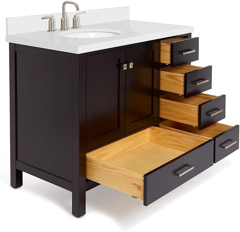 ARIEL Cambridge 42-inch Bathroom Vanity with Sink,Solid Wood, 1.5-inch Pure White Quartz Countertop & Backsplash, Single Oval Porcelain Sink, 2 Soft Closing Doors, 5 Dovetail Drawers, Espresso