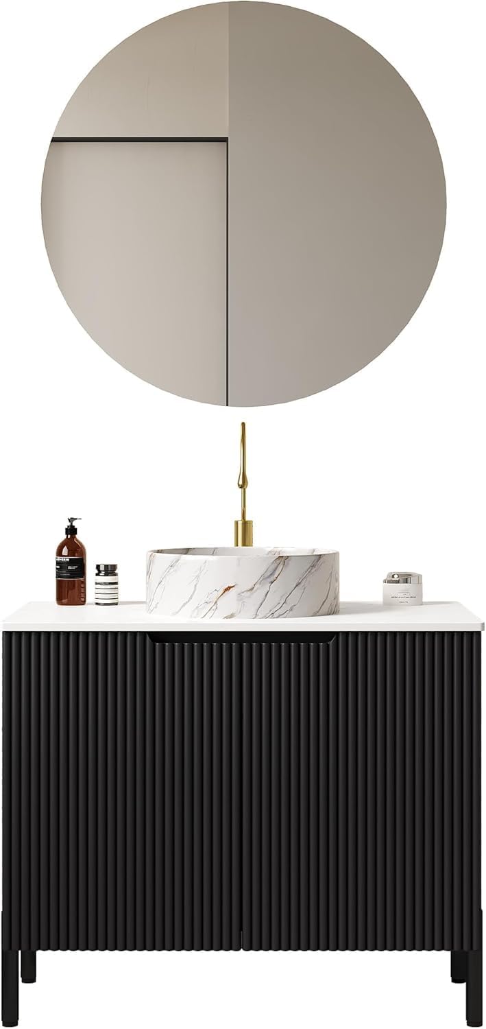 30' Black Bathroom Vanity with Round Ceramic Sink Freestanding Bathroom Vanities with 2 Fluted Doors and Sintered Stone Counter Top,Modern Wooden Bathroom Storage Cabinet Set with Soft Close System