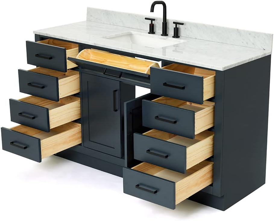 ARIEL Hepburn 60-inch Bathroom Vanity with Sink,Solid Wood, 0.75-inch Italian Carrara Marble Countertop, Single Rectangular Porcelain Sink, 2 Soft Closing Doors, 9 Dovetail Drawers, Midnight Blue