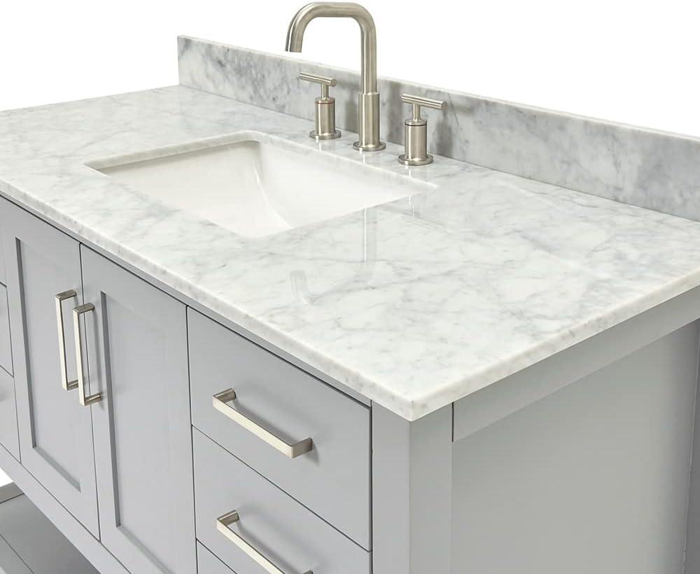 ARIEL Magnolia 48-inch Bathroom Vanity with Sink,Solid Wood, 0.75-inch Italian Carrara Marble Countertop, Single Rectangular Porcelain Sink, 2 Soft Closing Doors, 6 Dovetail Drawers, Grey