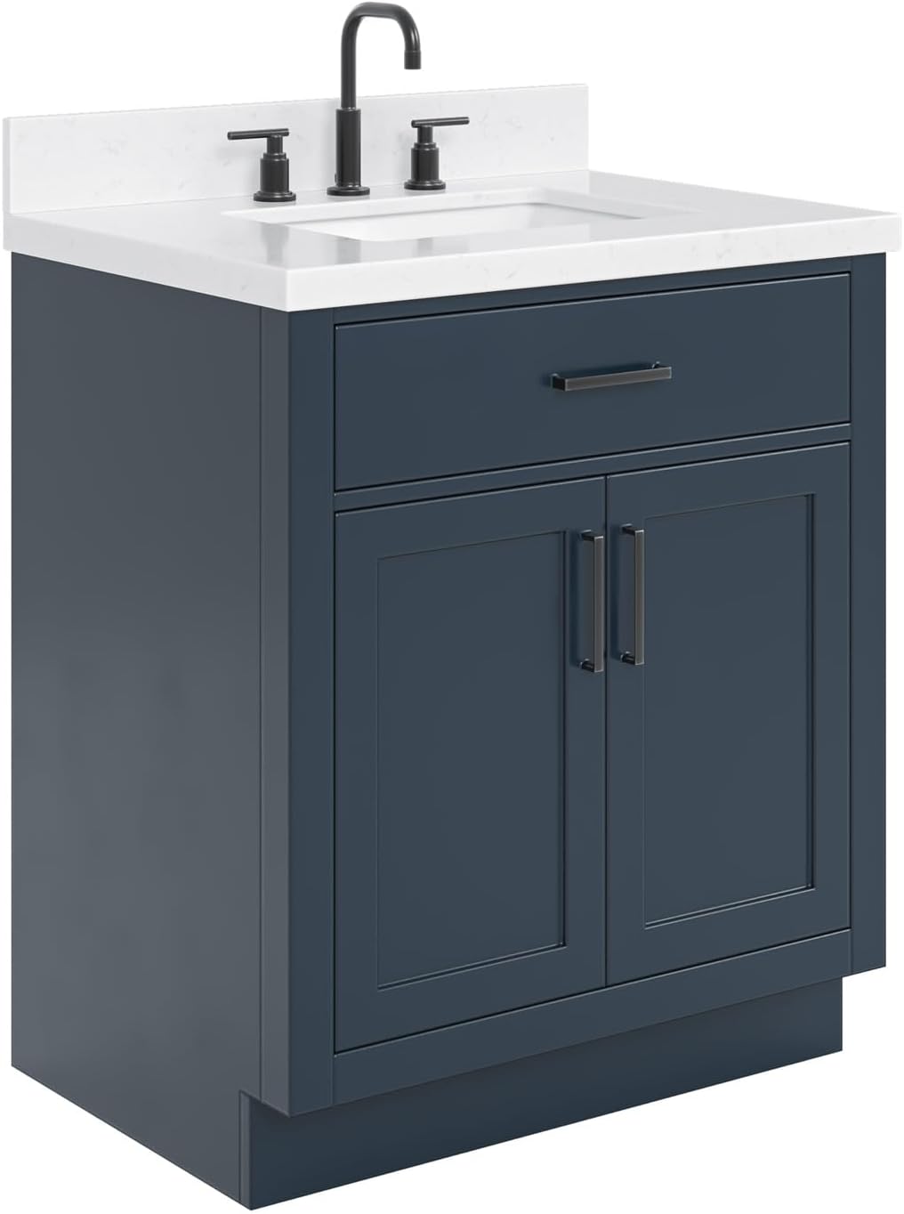 ARIEL Hepburn 30-inch Bathroom Vanity with Sink,Solid Wood, 1.5-inch Carrara White Quartz Countertop, Single Rectangular Porcelain Sink, 2 Soft Closing Doors, 1 Dovetail Drawers, Midnight Blue