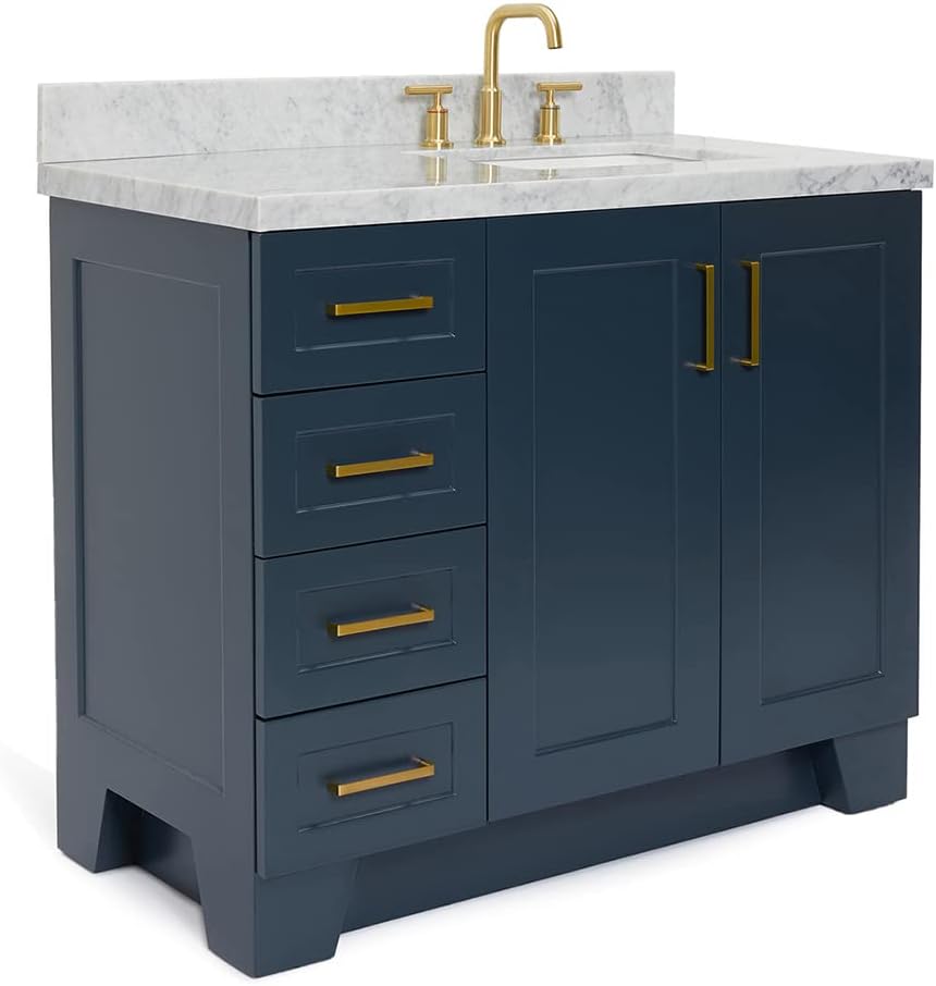ARIEL 42' Gray Single Bathroom Vanity with Rectangular Sink, 1.5' Edge Pure White Quartz Countertop, Solid Wood Frame, 2 Soft-Closing Doors, 4 Dovetail Drawers, Satin Nickel