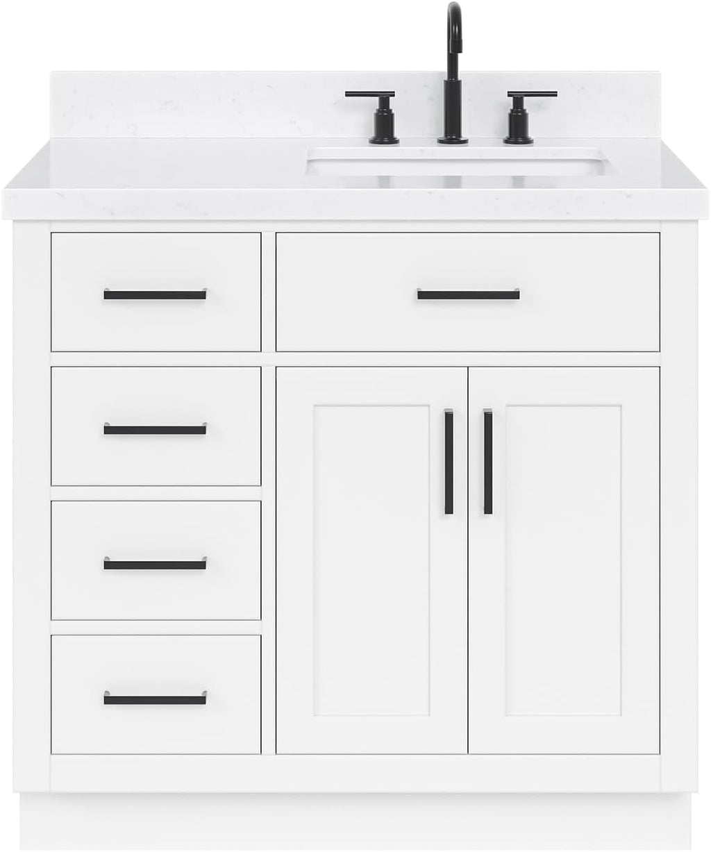 ARIEL Hepburn 36-inch Bathroom Vanity with Sink,Solid Wood, 1.5-inch Carrara White Quartz Countertop & Backsplash, Single Rectangular Porcelain Sink, 2 Soft Closing Doors, 5 Dovetail Drawers, White