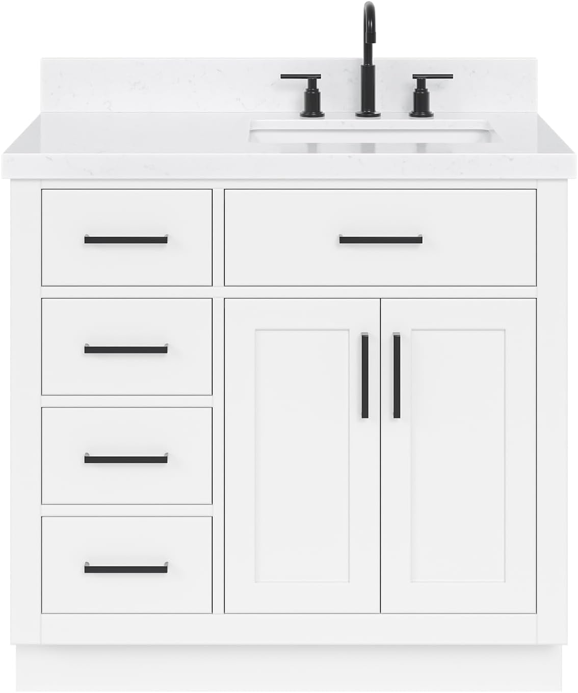ARIEL Hepburn 36-inch Bathroom Vanity with Sink,Solid Wood, 1.5-inch Carrara White Quartz Countertop & Backsplash, Single Rectangular Porcelain Sink, 2 Soft Closing Doors, 5 Dovetail Drawers, White