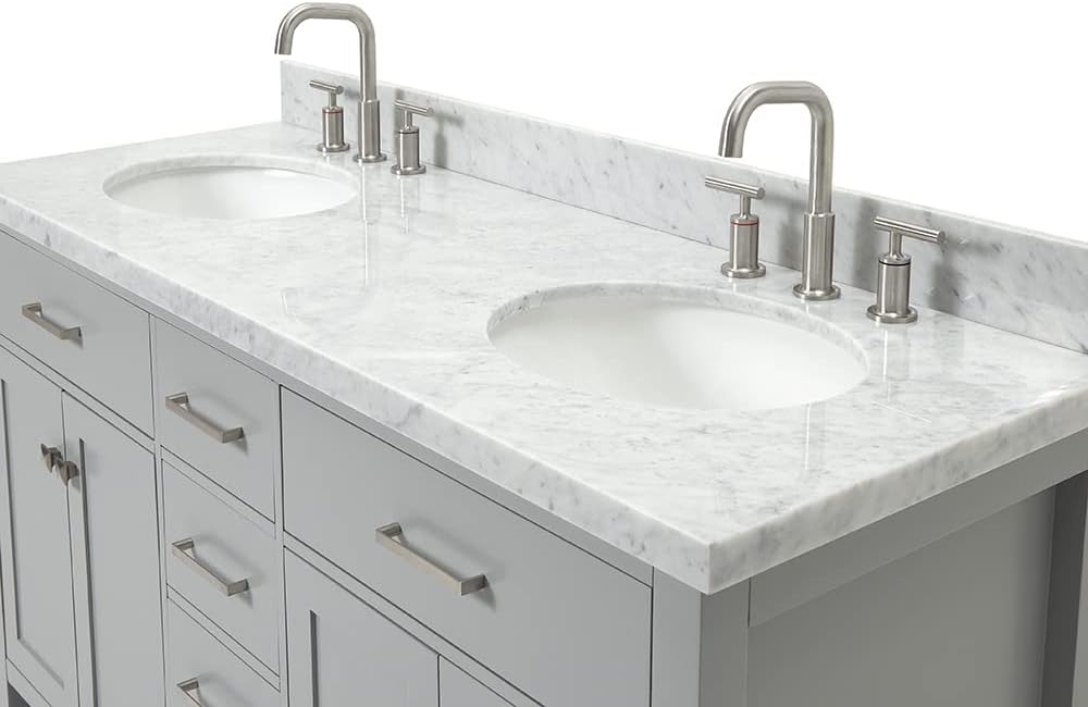 ARIEL Bristol 60-inch Bathroom Vanity with Sink,Solid Wood, 1.5-inch Italian Carrara Marble Countertop, Double Oval Porcelain Sink, Soft Closing Doors, Dovetail Drawers, Grey