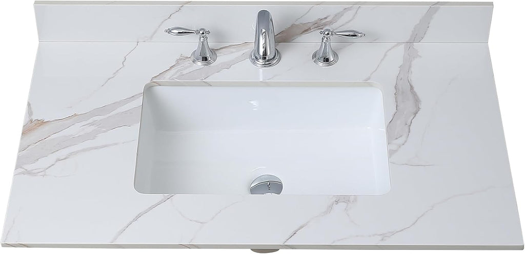 37 x 22 Inch Bathroom Vanity Top, Sintered Stone Top with Ceramic Sink, Three Hole Vanity Top With Undermount Rectangular Sink and 1 Backsplash (Carrara Gold, 3 Hole)