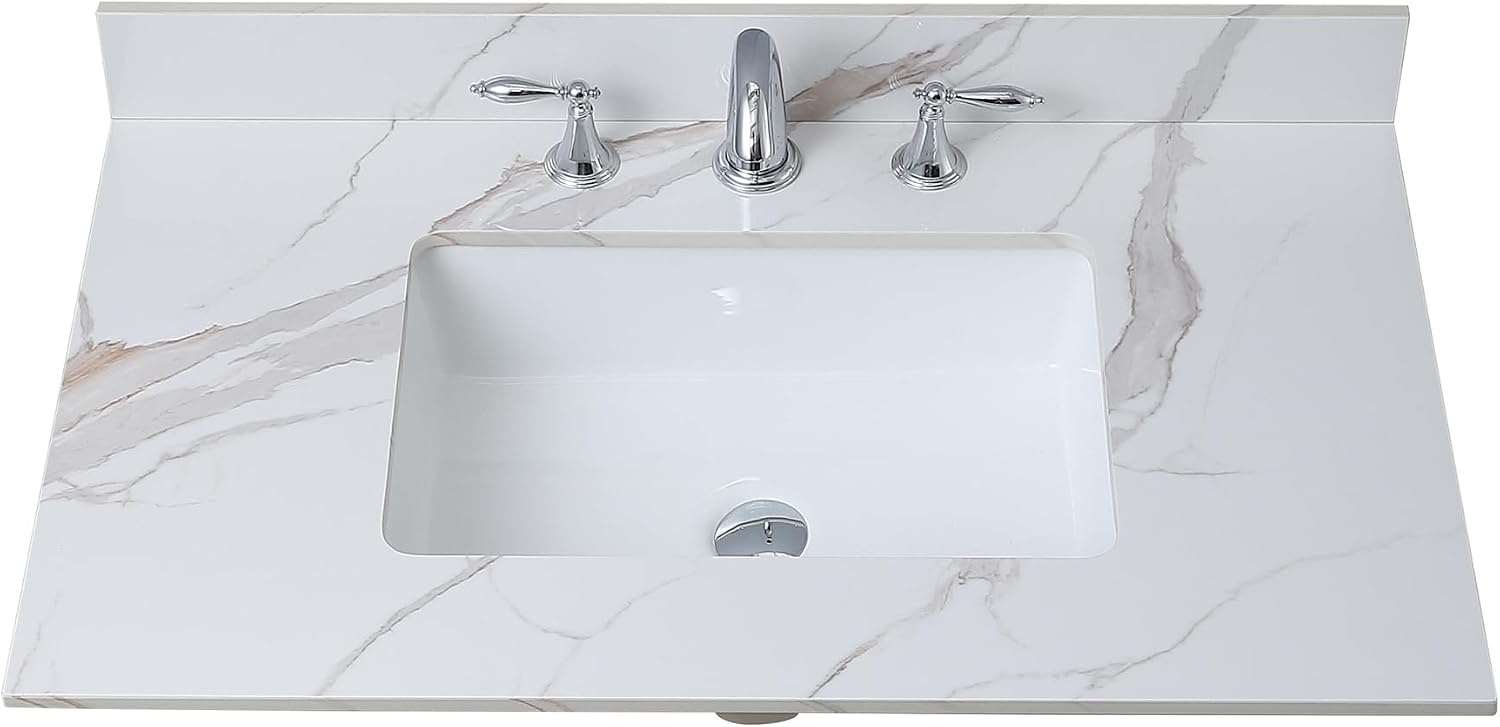 37 x 22 Inch Bathroom Vanity Top, Sintered Stone Top with Ceramic Sink, Three Hole Vanity Top With Undermount Rectangular Sink and 1 Backsplash (Carrara Gold, 3 Hole)