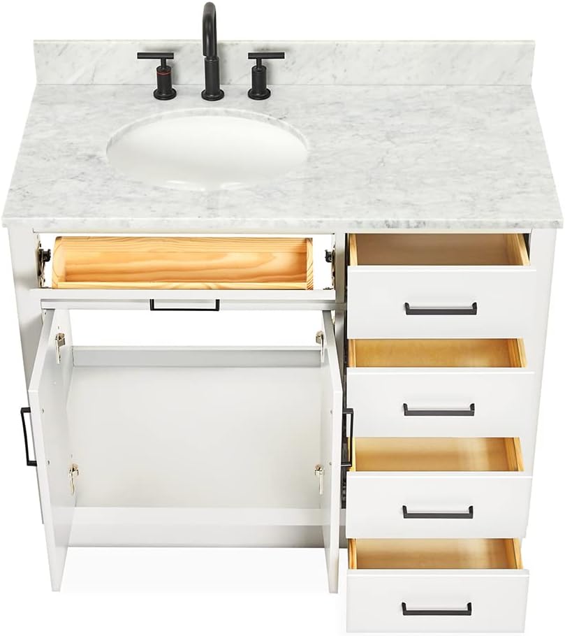 ARIEL Hepburn 43' Inch Left Offset Oval Sink Vanity with 0.75 Inch Edge Carrara White Countertop in White