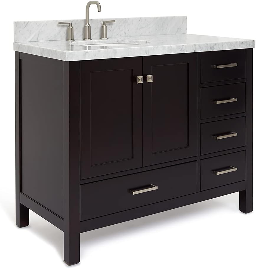 ARIEL Cambridge 42-inch Bathroom Vanity with Sink,Solid Wood, 1.5-inch Italian Carrara Marble Countertop & Backsplash, Single Oval Porcelain Sink, 2 Soft Closing Doors, 5 Dovetail Drawers, Espresso