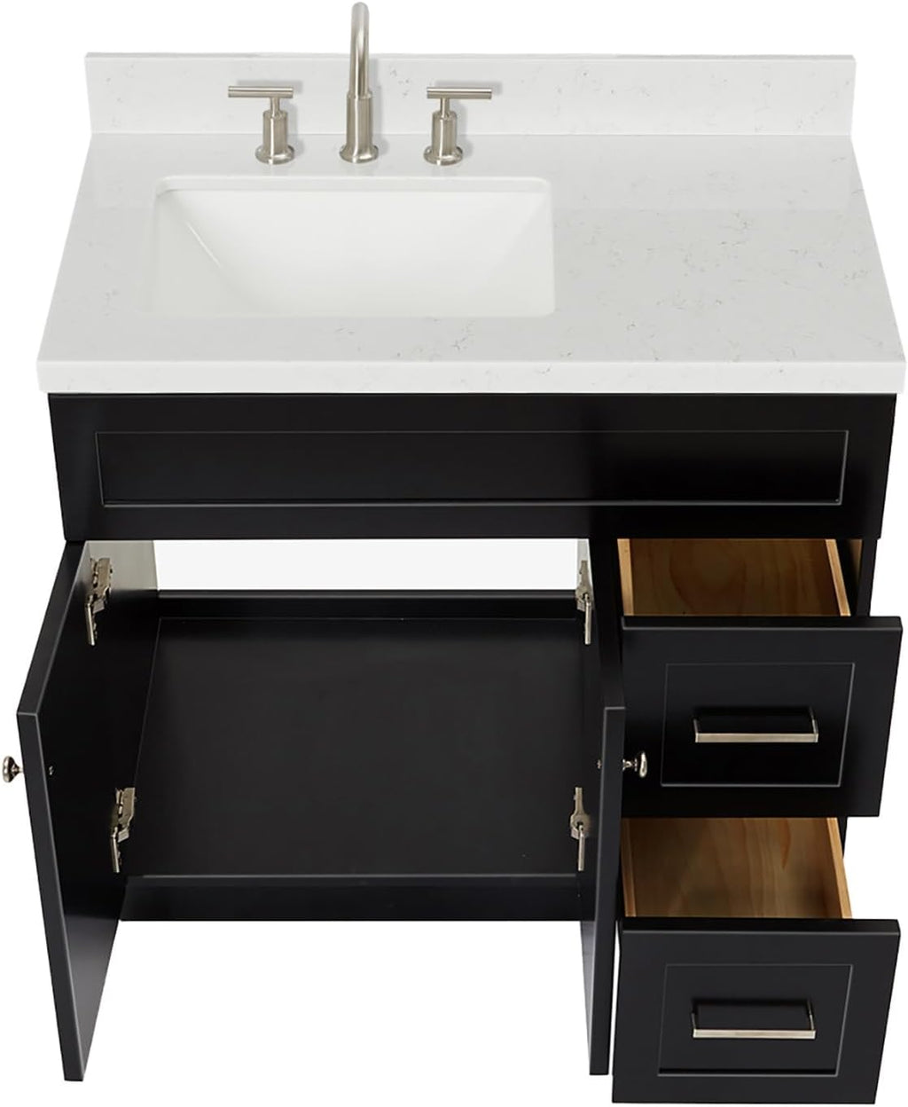 ARIEL Hamlet 36-inch Bathroom Vanity with Sink,Solid Wood, 1.5-inch Carrara White Quartz Countertop & Backsplash, Single Rectangular Porcelain Sink, 2 Soft Closing Doors, 2 Dovetail Drawers, Black