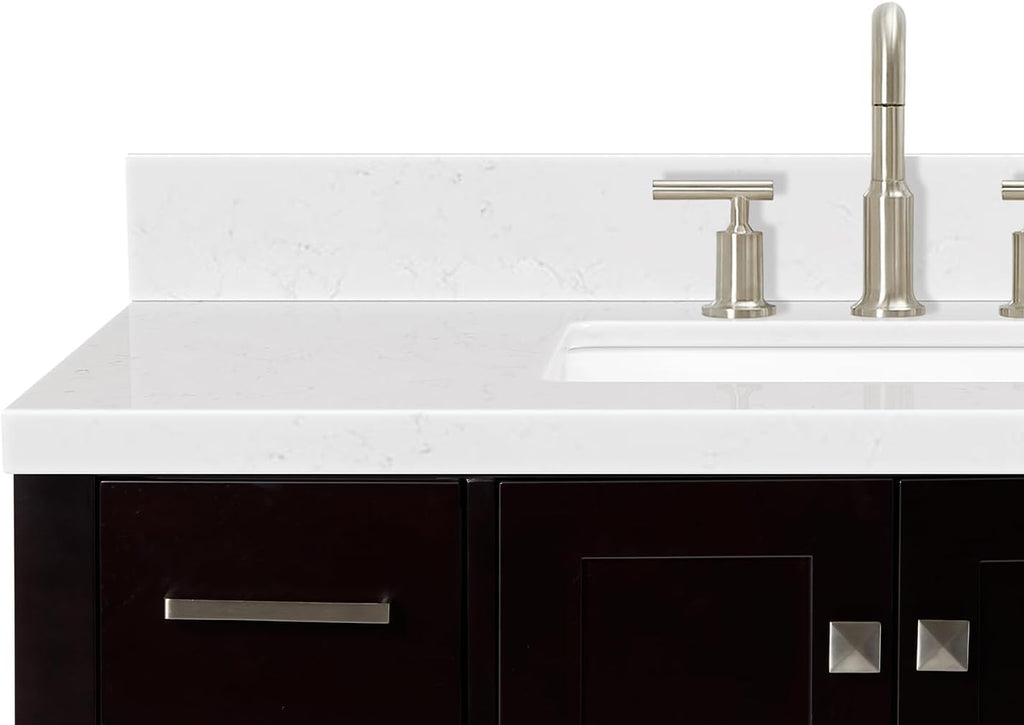 ARIEL Cambridge 42-inch Bathroom Vanity with Sink,Solid Wood, 1.5-inch Carrara White Quartz Countertop, Single Rectangular Porcelain Sink, 2 Soft Closing Doors, 9 Dovetail Drawers, Espresso