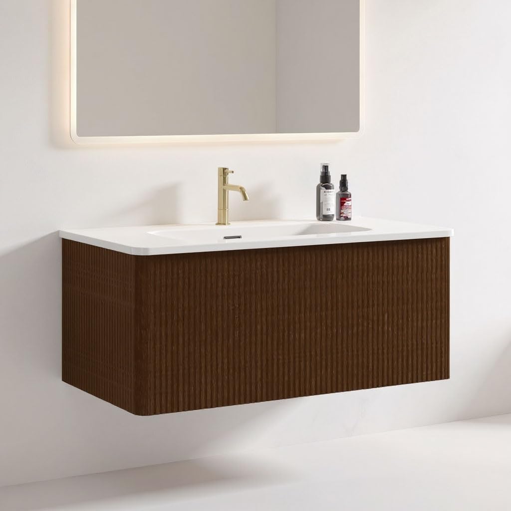 36 Inch Bathroom Vanity with Sink, Modern Floating Vanity with Push Open Soft Close Drawer, Large Storage for Powder Room, Brushed Black Oak, Fully Assembled - Camellia Collection