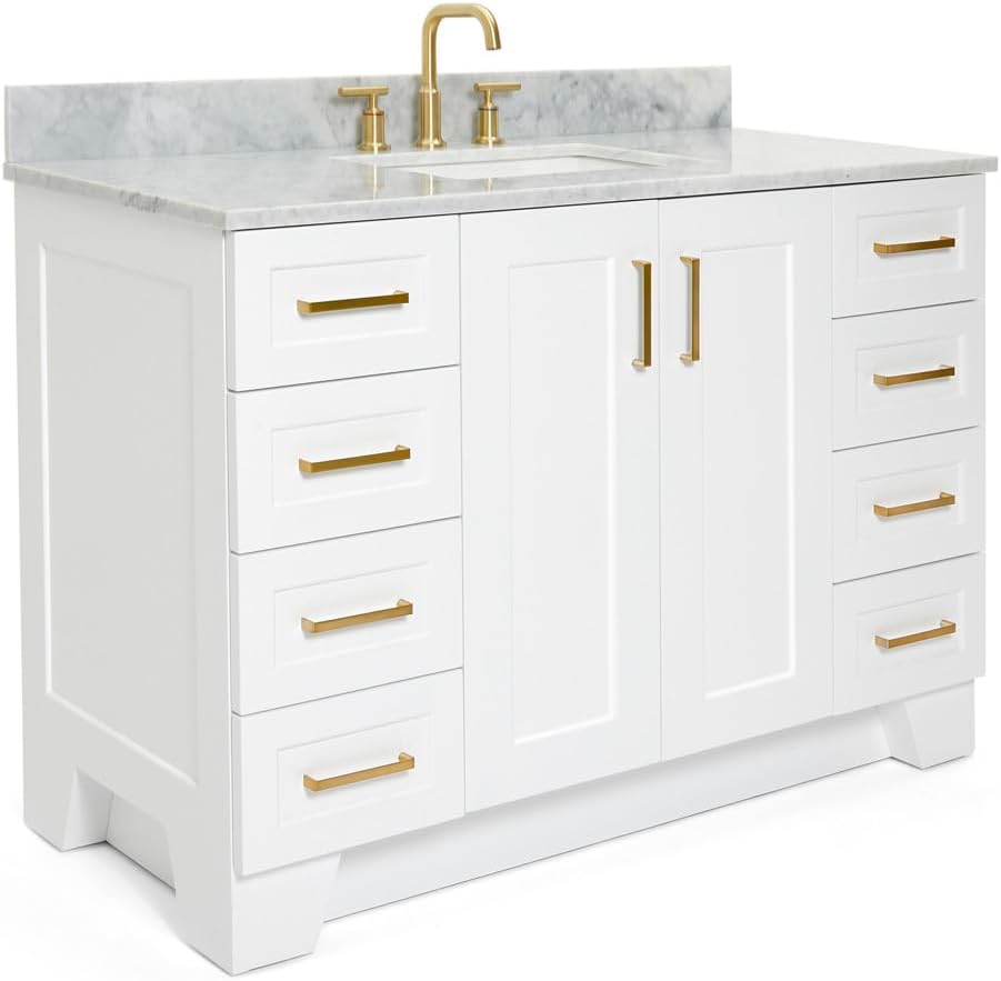 ARIEL Taylor 48-inch Bathroom Vanity with Sink,Solid Wood, 0.75-inch Italian Carrara Marble Countertop, Single Rectangular Porcelain Sink, 2 Soft Closing Doors, 9 Dovetail Drawers, White