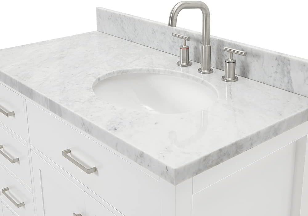 DKB Alenza 42-Inch White Bathroom Vanity with Sink, 1.5-Inch Italian Carrara Marble Countertop, Right Oval Undermount Sink, 2 Soft Closing Doors, 4 Dovetail Drawers, Polished Chrome